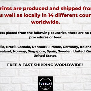 The image is a promotional text for a company that produces and ships prints worldwide. It states that the prints are produced and shipped from the US and 14 different countries, and there are no customs procedures or fees for orders placed from these countries. The company also offers free and fast shipping worldwide.