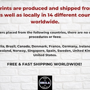 The image is a promotional text for a company that produces and ships prints worldwide. It states that the prints are produced and shipped from the US and 14 different countries, and there are no customs procedures or fees for orders placed from these countries. The company also offers free and fast shipping worldwide.