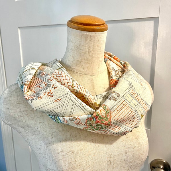 Orange, Gray and Ivory Infinity Scarf made from a Repurposed Kimono