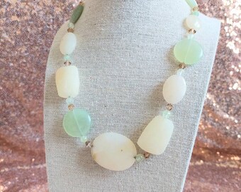 Stone Necklace, Milky Quarts, Green Aventurine, Sterling Silver, Chakra necklace