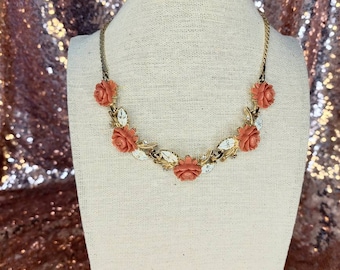 Vintage Necklace, Vintage CORO necklace, 60s Necklace, Vintage coro necklace in Goldtone with coral roses and rhinestone Accents.