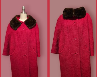 Vintage Coat, Vintage Fur, Vintage Swing Coat, Vintage 50s, Retro Coat, Vintage Red Coat, Red Wool Coat with Mink Collar