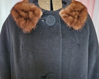 Vintage Coat, Vintage Fur, Vintage Swing Coat, Vintage 50s, Retro Coat, Vintage Blqck Coat, Black Wool Coat with Mink Collar