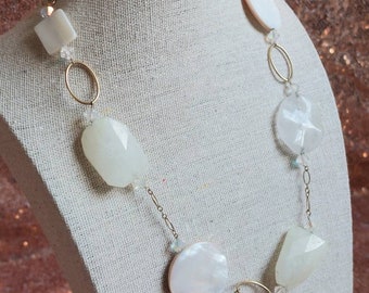 Gemstone Necklace, Stone Necklace, Boho Necklace, Milky Quarts and Mother of Pearl Necklace on 14/20 GF Chain