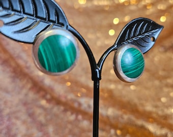Vintage Earrings, Vintage Sterling Silver, Vintage Malachite, 60s Earrings, Taxco Malachite Earrings, Pierced Earrings, Excellent Condition