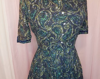 Vintage Dress, Vintage 60s Dress, Paisley Dress, R&K Originals Dress with Rhinestone Buttons and Velvet Trim Details