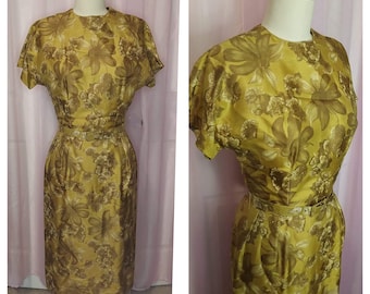 Vintage Dress, 50s Dress, Silk Dress, Vintage Sheath Dress, Vintage M, Chartreuse Dress, Floral Dress, Summer Dress, Vintage Silk Dress