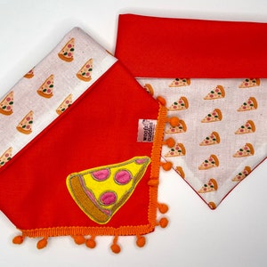 Handmade Dog Bandana: Pizza - reversible & adjustable with pizza patch, customisable with add on trims