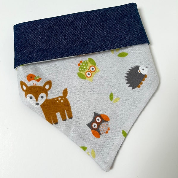 Forest Friends - Reversible & adjustable dog bandana, brushed cotton and denim with cute deer patch; customisable with optional add on trims