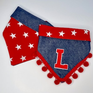 Denim Red Stars - Reversible & adjustable dog bandana with luxury chenille initial patch; optional add on pom pom trim