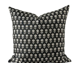 Black Floral Hand Printed Pillow Cover, Modern Farmhouse Throw Pillow, Designer Sofa Pillow, Black Linen Couch Pillow, Boho Accent Pillow