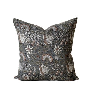 Grey Floral Linen Block Print Pillow, Designer Hand Block Pillow, Modern Farmhouse Decor, Decorative Accent Pillow, 18x18, 20x20, 22x22 image 1