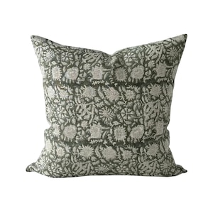 Green Floral Linen Block Print Pillow Cover, Modern Farmhouse Throw Pillow, Designer Sofa Pillow, Green Bed Pillow, Decorative Cushion