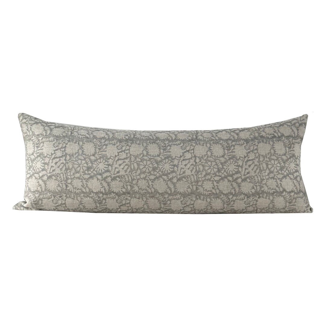 Soft Grey Floral Block Print Lumbar Pillow Cover Extra Long Etsy
