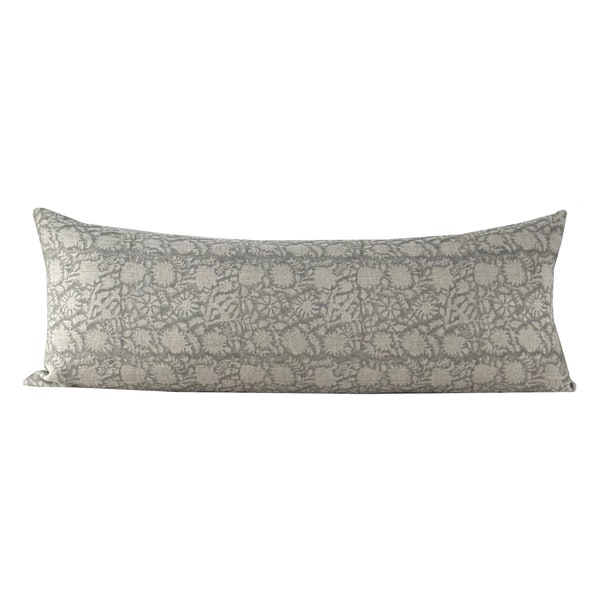 Soft Grey Floral Block Print Lumbar Pillow Cover, Extra Long Designer Linen Sofa Pillow, Large Bolster Bed Pillow,Long Master Bed Pillow