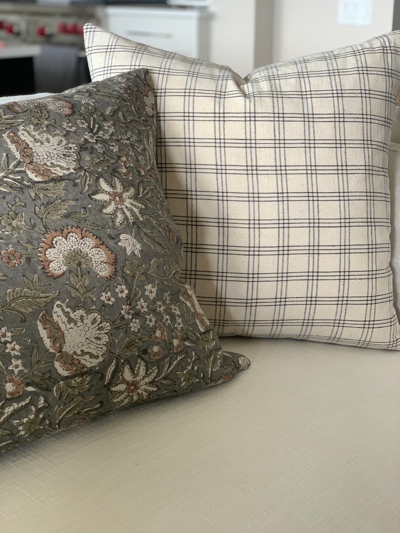 Grey Floral Linen Block Print Pillow, Designer Hand Block Pillow, Modern Farmhouse Decor, Decorative Accent Pillow, 18x18, 20x20, 22x22 image 5