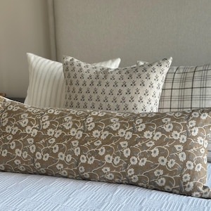 Hand Block Print Lumbar Pillow Cover: Brown Grey Floral Linen