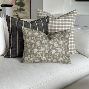 Green, Black, Beige Pillow Cover Combo, Designer Pillow Collection, Sage Green, Check, Stripe Pillow Set, Linen Pillows, Pillow Cover Bundle