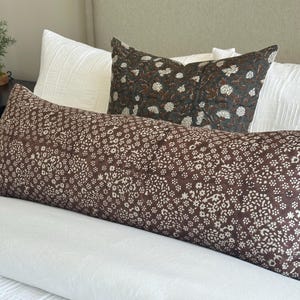 Chestnut Brown Lumbar Pillow Cover: Hand Block Floral Linen