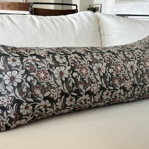 Floral Block Print Lumbar Pillow Cover: Grey Brown Linen Bolster