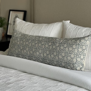 Denim Blue Floral Lumbar Pillow Cover: Handmade Block Print Linen