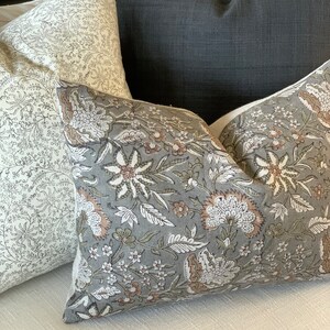 Grey Floral Linen Block Print Pillow, Designer Hand Block Pillow, Modern Farmhouse Decor, Decorative Accent Pillow, 18x18, 20x20, 22x22 image 7