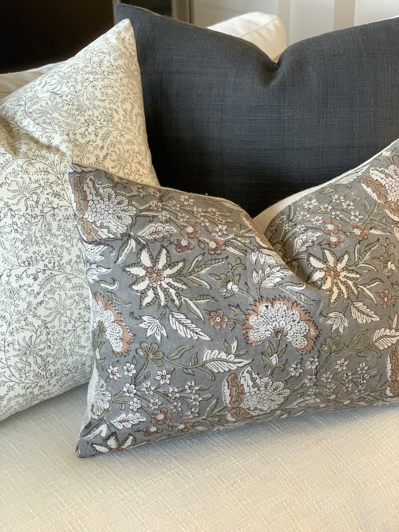 Grey Floral Linen Block Print Pillow, Designer Hand Block Pillow, Modern Farmhouse Decor, Decorative Accent Pillow, 18x18, 20x20, 22x22 image 7