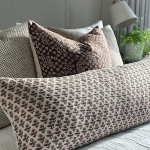 Brown Floral Linen Lumbar Pillow Cover: Handmade Block Print