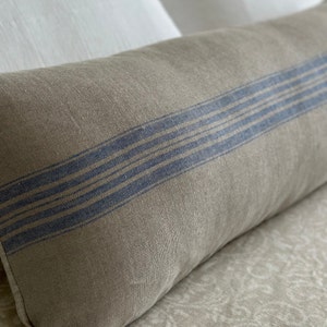 Blue Stripe Linen Lumbar Pillow Cover: Neutral Grain Sack Design