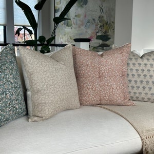 Salmon Pink Hand Block Print Pillow Cover, Blush Floral Nursery Throw Cushion Cover, Designer Linen Botanical Farmhouse Pillow Cover, ZENIA