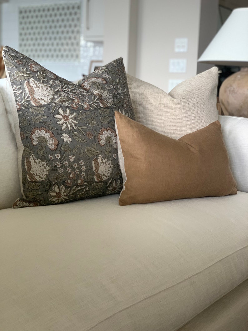 Grey Floral Linen Block Print Pillow, Designer Hand Block Pillow, Modern Farmhouse Decor, Decorative Accent Pillow, 18x18, 20x20, 22x22 image 3