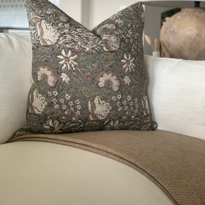 Grey Floral Linen Block Print Pillow, Designer Hand Block Pillow, Modern Farmhouse Decor, Decorative Accent Pillow, 18x18, 20x20, 22x22 image 4