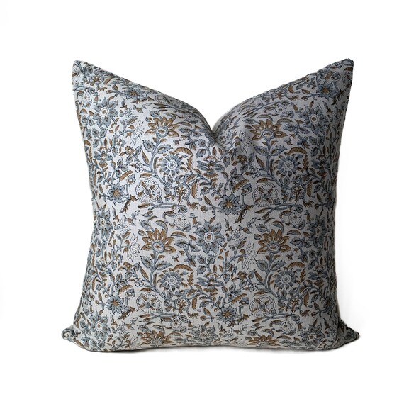 Blue Grey Linen Pillow Cover Designer Floral Linen Block Etsy