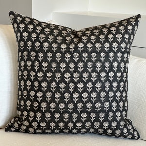 Black Floral Hand Printed Pillow Cover, Modern Farmhouse Throw Pillow, Designer Sofa Pillow, Black Linen Couch Pillow, Accent Pillow, EBONY