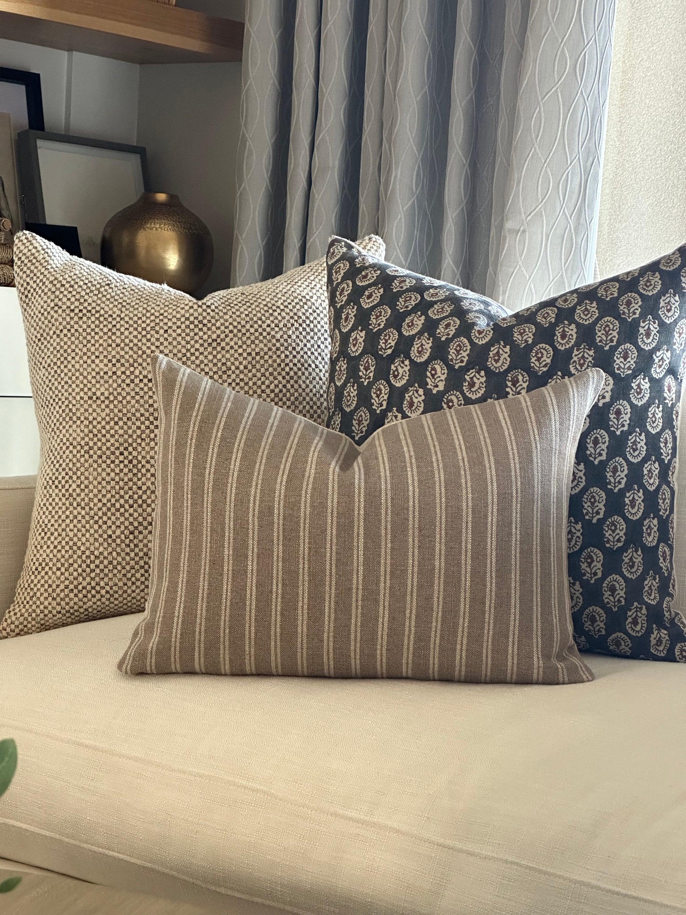 Neutral Pillow Cover Set: Farmhouse Linen Blend, Floral & Stripe