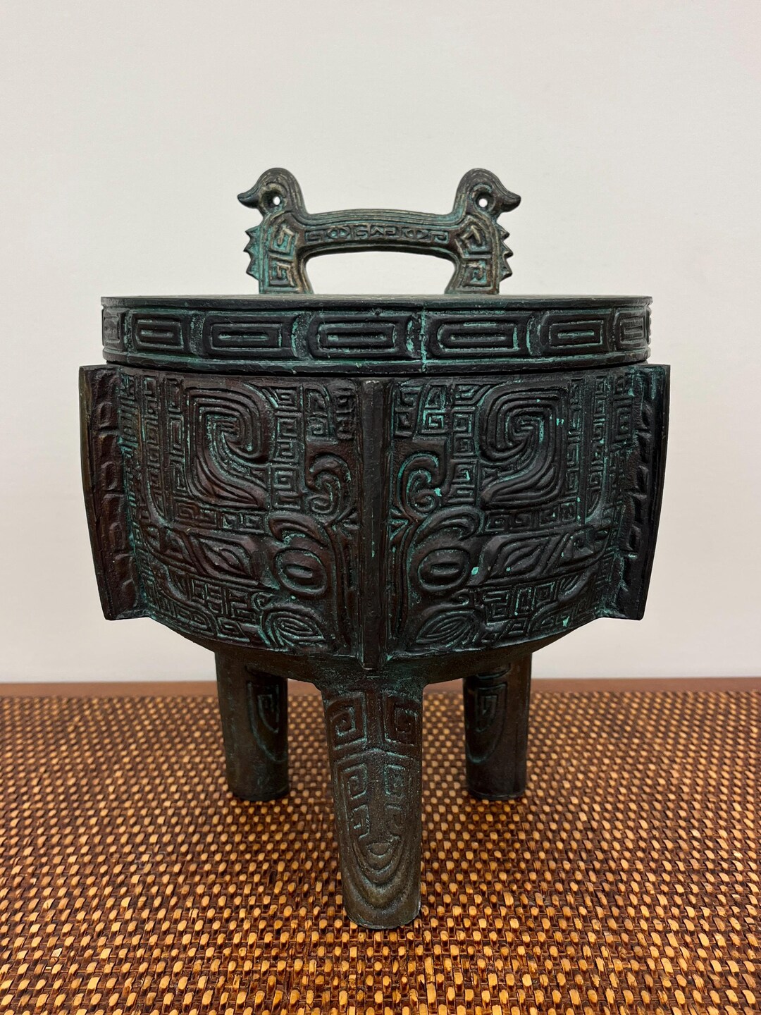 MCM Verdigris James Mont Style Asian Aztec Cast Faux Bronze Ice Bucket ...
