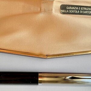 May include: A brown and silver fountain pen with a black cap. The pen is lying on a white surface. The text "GARANZIA E ISTRUZIONI NELLA SCATOLA DI CARTONCINO" is printed on a white label.