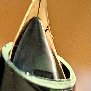 May include: Close-up of a gold-toned fountain pen nib with a black and green pen body.