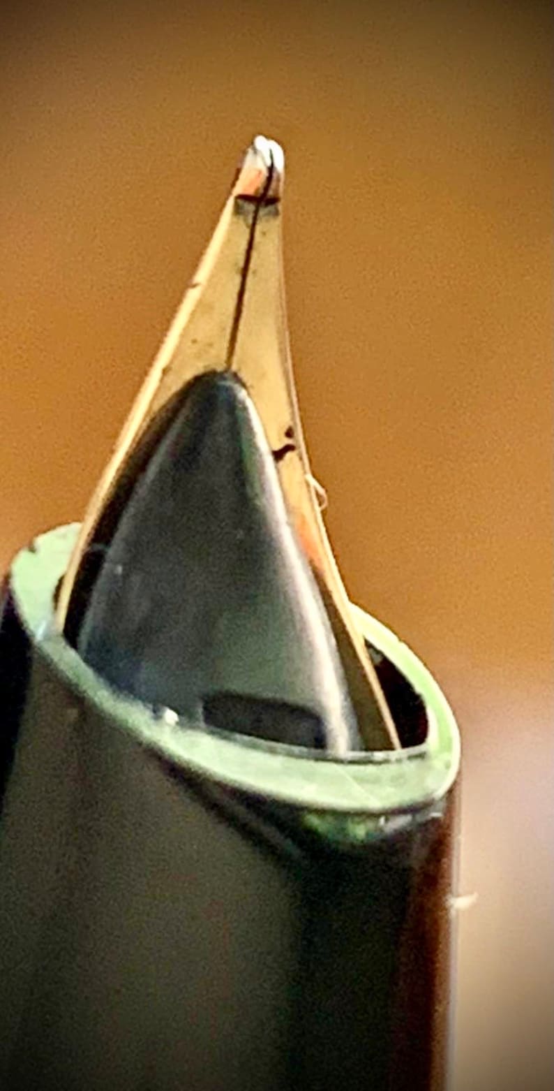 May include: Close-up of a gold-toned fountain pen nib with a black and green pen body.