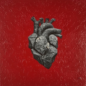 Original Anatomical Rock Heart Painting, Handmade Sculptural Acrylic Painting, Modern Art on Red Background, Unique Love Gift