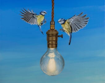Original Bird Acrylic Painting 30x30 cm, Surrealist Blue Tit in a Lightbulb, Whimsical Wall Art, Dreamy Nature Painting