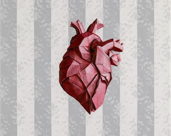 Dipinto Originale Cuore Anatomico Stile Origami,Quadro Acrilico Rosso e Grigio Geometrico,Arte Astratta Anatomica Fatto a Mano,Regalo Unico