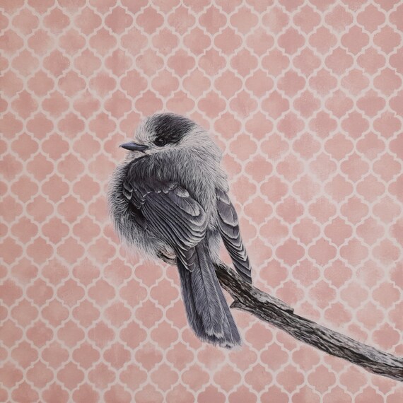 Dipinto Originale Uccellino Grigio su Ramo, Quadro Acrilico Fatto a Mano, Arte Animale Moderna, Decorazione Murale Unica per Casa