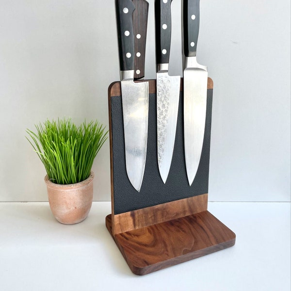 Wooden magnetic knife holder | Knife block wood and leather | Magnetic block up to 6 knives | Wooden block | Japanese knife stand