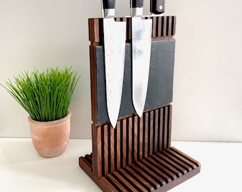 Wooden magnetic knife holder | Knife block wood and leather | Magnetic block up to 6 knives | Wooden block | Knife stand