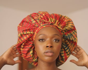 Gorro para dormir reversible con lazo frontal y forro de satén con estampado africano Adire