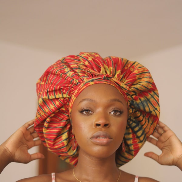 Adire (Tie and Dye) African Print Satin-lined Reversible Hair Bonnet with Tie Front and Premium Elastic| Protects Hair from Damage|Sleep Cap