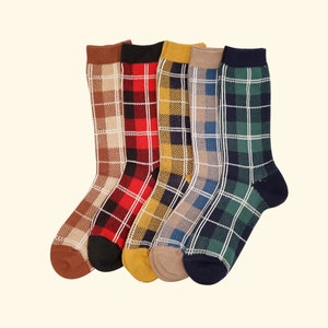 5 Pairs Fashion Socks Set, Plaid, Tartan, Hight Quality Cotton Socks, Thick, Autumn and Winter, Casual & Comfortable