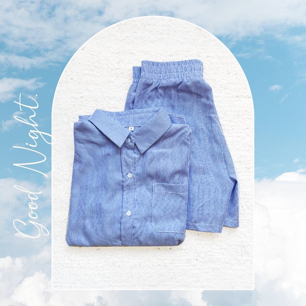 Cotton Pajama Set, Blue Striped, High Quality Cotton, Pajamas Short Set, Women Casual Sleepwear, Long sleeve shirts Matching sets