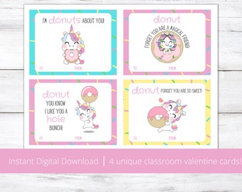 Unicorn Valentine Cards, Printable Classroom Valentine Cards, Donut Valentine Cards, Valentine's Day Cards, Valentine Cards for Kids